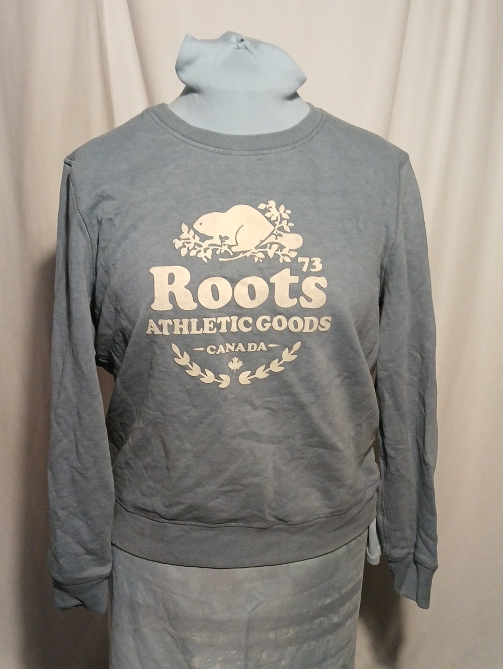 Roots Women's Crew Sweatshirt in Light Blue with Cream Logo